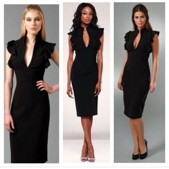 BLACK HALO Eva Ruffle Plunge Midi Dress Sheath Black Size 0 Party Cocktail LBD - Picture 2 of 9